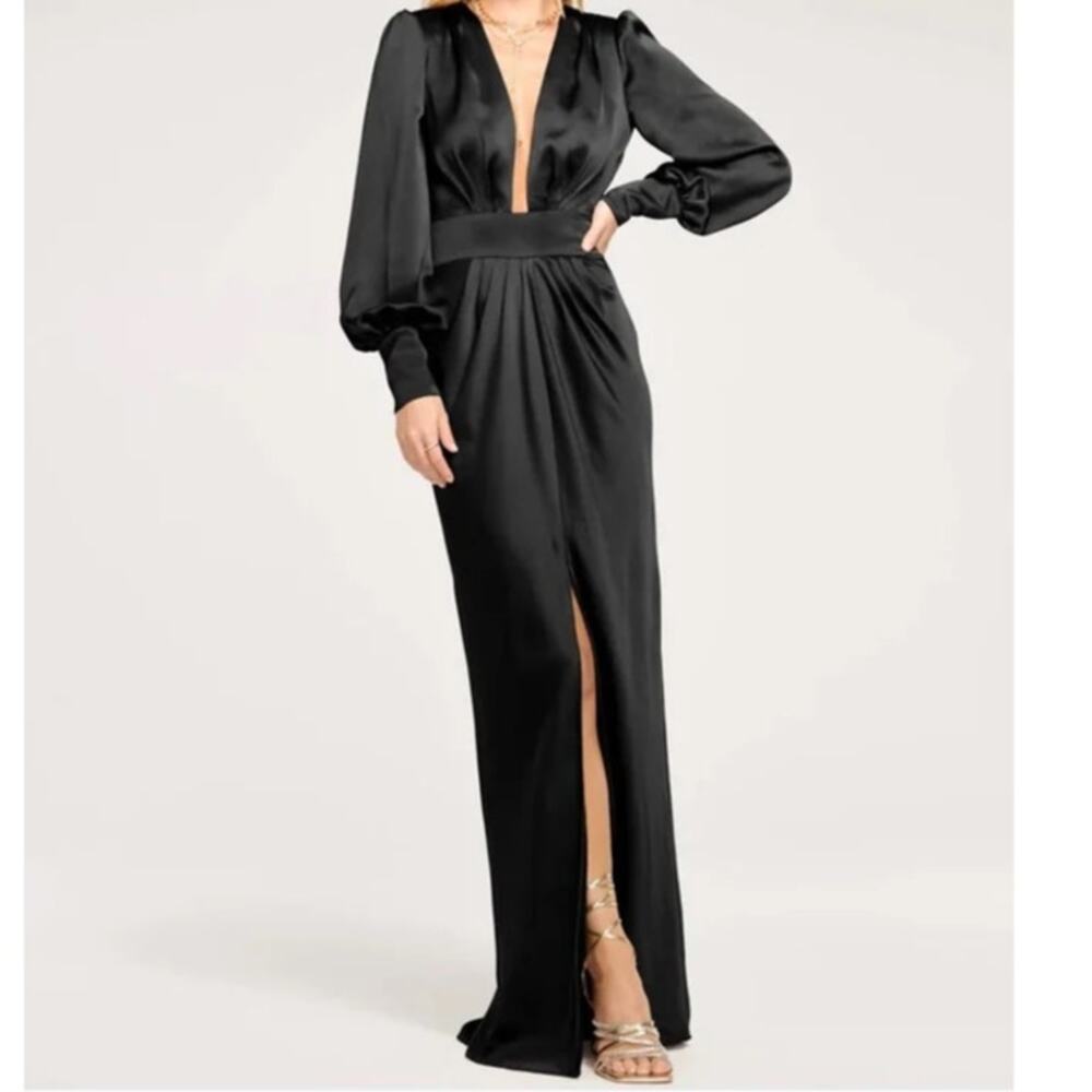 NEW Ramy Brook Madelane Black Satin Plunging Floor-Length Blouson-Sleeve Gown